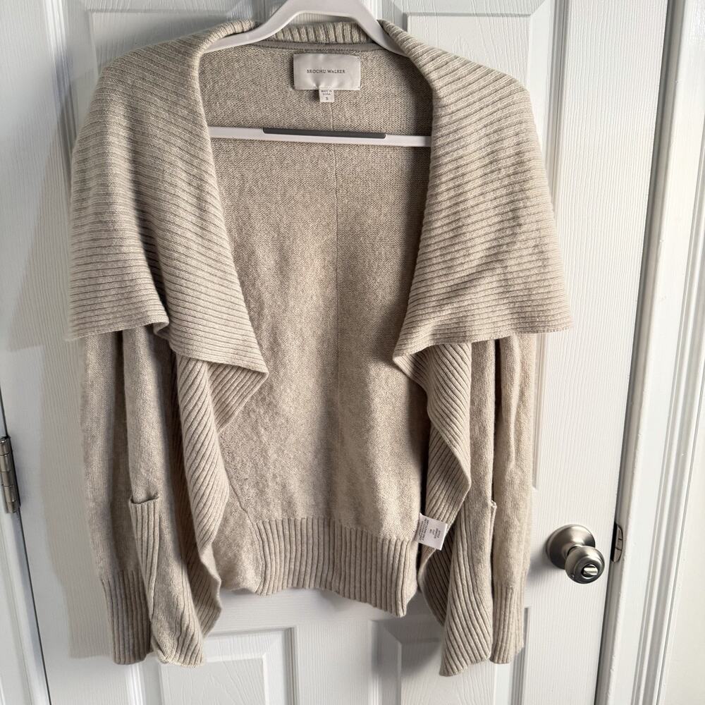 Brochu Walker Cardigan Small Womens Cream Wool Cashmere Leather Waterfall Open